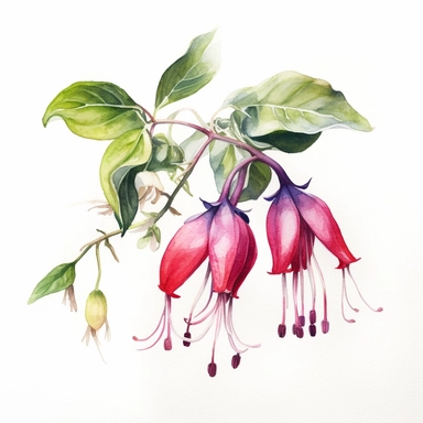 a watercolour painting of a fuchsia flower, in the style of uhd image, dansaekhwa, traditional, flourishing botanicals, exotic, white background, colorful, antique clipart, vibrant intense colors, photorealistic botanical drawing