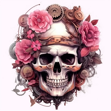 Pink Steampunk Skull Flower Sublimation Girl Clipart ,Cartoon,hyper realistic, intricate detail, illustration style,high solution,on the white background