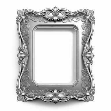 A single vintage silver frame clipart with a glossy, reflective finish and a rounded rectangular shape. The intricate details of the frame are highlighted by the shine of the silver, creating a modern and sleek look. The background is a soft gray with a subtle texture, adding depth and dimension to the design. [1], [2], [3], [4], photography, Close-up macro photography with a wide-angle lens, creating a shallow depth of field and emphasizing the intricate details of the frame. Shot on a Canon EO