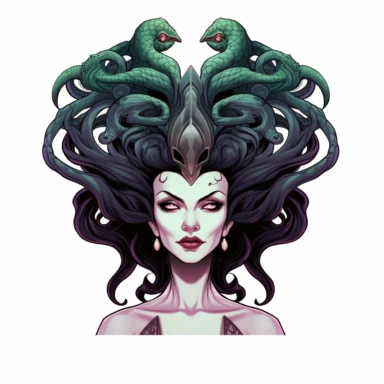 2d thick-lined disney clipart illustration of the head of medusa with snakes, white background