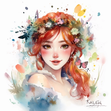 watercolor princess Anna from Frozen, braided red hair, beautiful face, friendly smile, flowers, butterflies, clipart, white background, by Kawacy