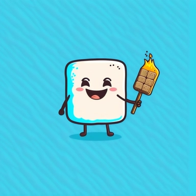 smiling marshmallow on fire and holding a chocolate bar and graham cracker, cartoon clipart, sticker