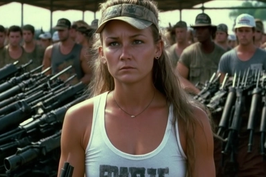 DVD screengrab of the Rifles, shotguns, handguns, assault rifles, submachine guns, machine guns, Ammunition boxes, magazines, clips, belts, speedloaders, moon clips poisioned rust, scene from the movie white trash Top Gun 1986 , women in bikinis with sleeveless t-shirts, ripped jeans, Mullets, perms, shorts, flip flops, camouflage patterns, trucker hats.