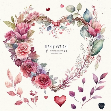 Watercolor Valentine, Valentine clipart, Heart clipart, Valentine PNG, Love clipart, Valentineday clipart, Heart wreath, Pink clipart, on white background