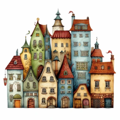 clipart houses, in the style of colin thompson, on white background