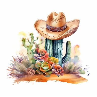 Develop an enchanting watercolor clipart illustration on a white isolated background vector, featuring an intricately painted leather cowboy hat with a burst of vibrant floral motifs gently placed on the sandy desert floor, leaning against a magnificent cactus plant. Emulate the artistic style of Cheng-Khee Chee, a renowned watercolor artist known for his luminous and atmospheric paintings, to create a composition that exudes tranquility and captures the beauty of the hat's connection with the d