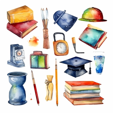 icon set, student, graduated from high school, watercolors, Element, clipart, on white background