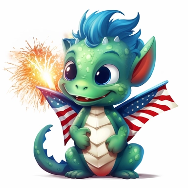 illustration of cute green baby dragon in red white and blue american flag colors, celebrating 4th of july with fireworks, clipart svg, white background