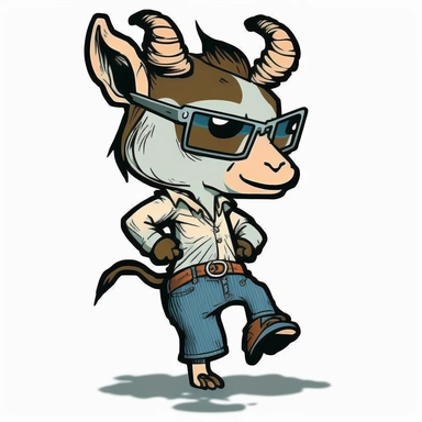 small cute anthropomorphic chibi goat animal, standing on two legs, dressed like a man, wearing jeans and t-shirt, clipart, in sticker style, in comics style, cell shading