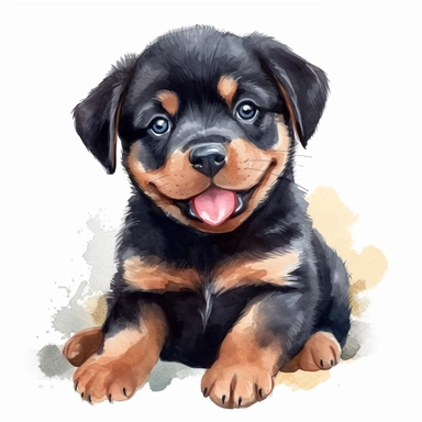A simple watercolor clipart of a very cute happy Rottweiler puppy, sitting with happy face, no dog collar, full body, simple lines, outlines only, flat colors, white background,