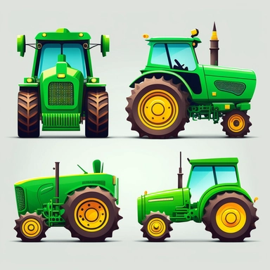 cute colourful vibrant green farm tractor vehicles, each side profile view front view, rounded edges, rounded corners, detailed vector clean illustration, clipart, svg, white background