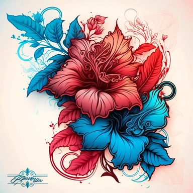 handmade hibiscus clipart bucay tattoo style art illustration seamless design with leaves and flower, in the style of colorful gradients, psychedelic neon, dan Mumford, light red and blue, on white backgrounds, high-contrast shading, colorful caricature, no text