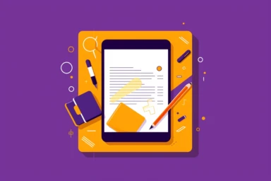 a tablet near a phone on a yellow background with a few cliparts on it, in the style of dark violet and orange, minimalist graphic designer, modular construction, website, rectilinear forms, minimalist pen lines, innovative page design