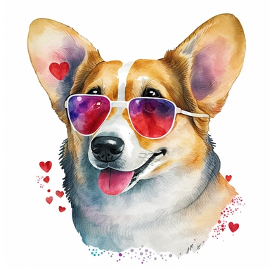 A cartoonish watercolor clipart portrait of a corgi wearing heart-shaped sunglasses, with a white background. The corgi has a playful and romantic expression, with its tongue out or a kissy face. The clipart has a cute and charming style, with a lot of glitter and sparkles on the glasses