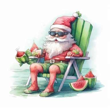 cute Santa Claus Wearing Sunglasses, sitting on a beach chair and eating watermelon, style by Lucy Fleming, watercolor, smooth gradients, black contour outline, ultra detailed, clipart elements, delicate pastel colors, solid white background, super clear, high quality
