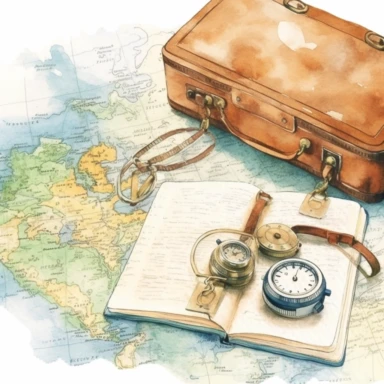 watercolour, travel theme, map, journal, soft and muted nuances, high quality detail, clipart, 8k, f1