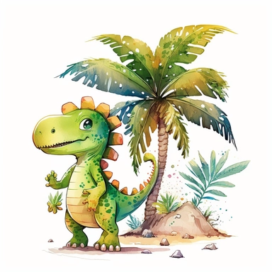dinosaur with a palm tree, clipart, children's illustration, watercolor, cartoon style, white background, 8k,