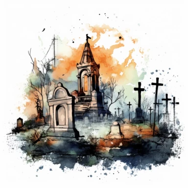 mystical horror watecolor cemetery clipart, hd 4k, detailed, focused, isolated on white background