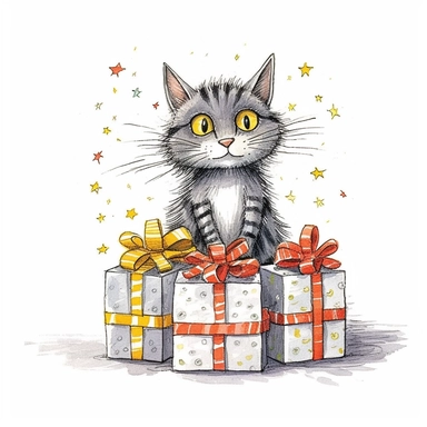 Axel scheffler illustration style cat christmas present, high definition, 16k, insanely detailed, fine detail, sharp focus, illustration, white background, isolated clipart vector
