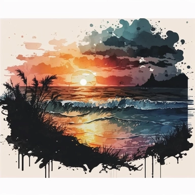 watercolored ,sunset , clipart , beach , sunset ,contrast darker colors beautiful view, white background