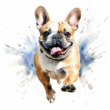 french bulldog running, watercolor illustration, clipart, full body, hyper-realistic animal illustration, childlike, free brushwork, white background