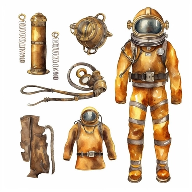 watercolor antique diving suit, illustrations clipart set, simple, , cartoon elements ,different variants , brass elements, , separate elements with a margin, ,4k, high resolution