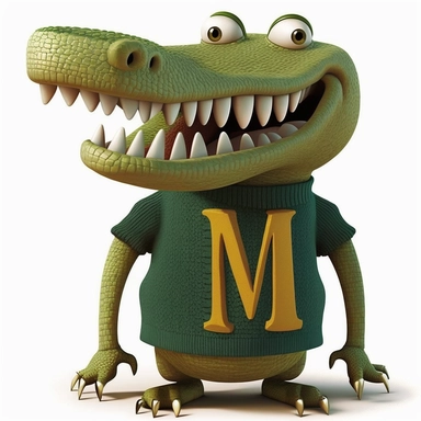 a fully standing smiling cartoon clipart alligator wearing a white turtle neck sweater with the letter M in the middle of the sweater-wearing a large gold crown on a white background