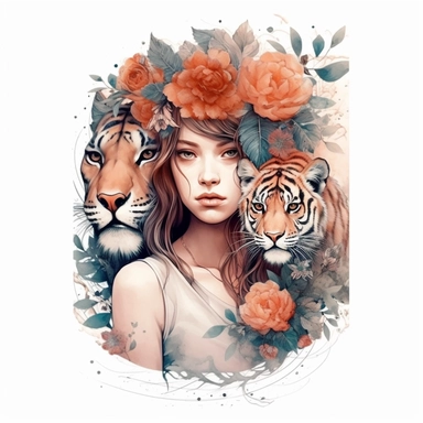 Girl with tiger and flowers, illustration clipart, detailed, black outline, white background, digital art, watercolor