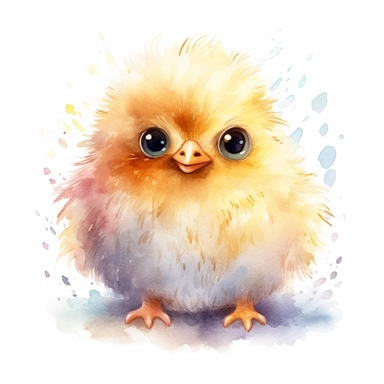 a whimsical watercolor clipart image with a white background, showcasing a chubby baby chick with big, round eyes and a tiny beak, its fluffy feathers and sweet smile capturing the cuteness of kawaii baby birds.