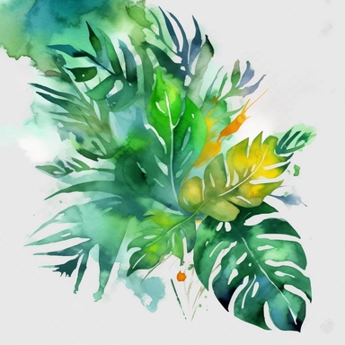 leave, lovely looking, tropical, vibrant colors, include green, summer vibe, 4k, professional sketch, water colors, clipart, solid background