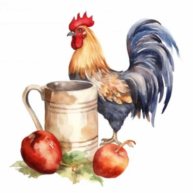 a watercolor rooster and a cider jug, clipart