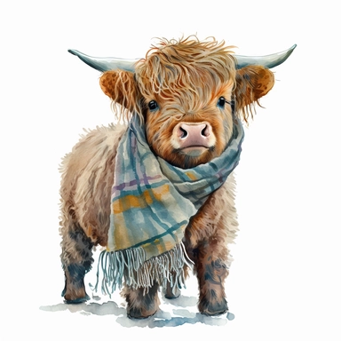 baby highland cow with horns wearing a scarf, watercolor, white background, clipart