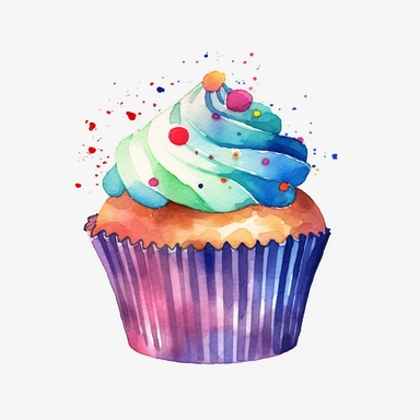 simplified clipart of a cupcake with white frosting and colorful sprinkles, simple shapes, no watermark, no lines, no outlines, clipart, featured on dribble, cartoon, minimalist, computer vector graphic design clip art, watercolor illustration clipart, watercolour clipart, watercolor illlustration for kids and children, book illustration, print on demand image, PNG tranparent background