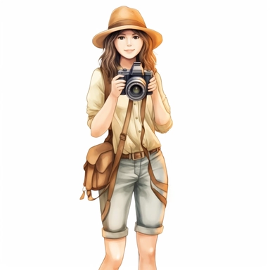 Cute adventurest female photographer with a camera, Cute and summer outfit, Watercolor style, clipart solid white background