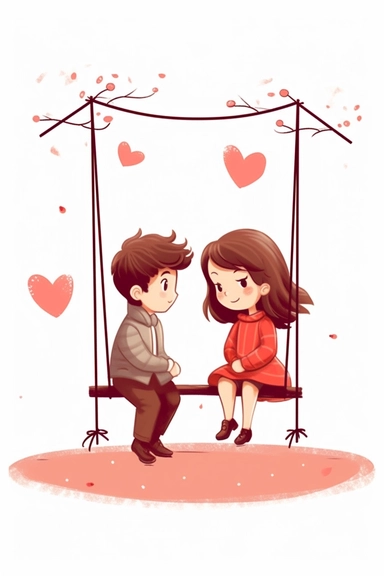 innocent, beautiful scene,The two kids stood on the swing set, the wind blowing in their hair, as they shared their first kiss, a moment they would always remember and treasure.,valentine's day, cute, clipart, sticker art, simple, line art, illustration, icon style