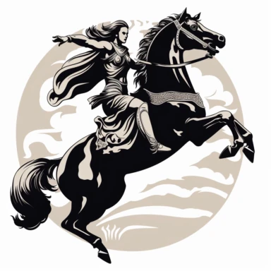 the image of Valkyrie fighting on the horseback on white is shown, in the style of stencil art, heavy outlines, flickr, hard edge, sculpted, woodcut, clipart cut file cuttable cricut vector