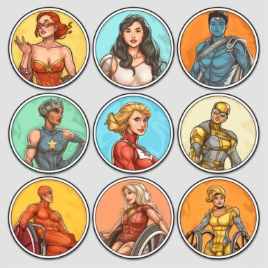 6 clipart elements, series of very hyperdetailed colorful stickers, beautiful superhero women with disabilities using aids, marvel style, superheros, each sticker with a clear white outline between each element, light grey background, realistic