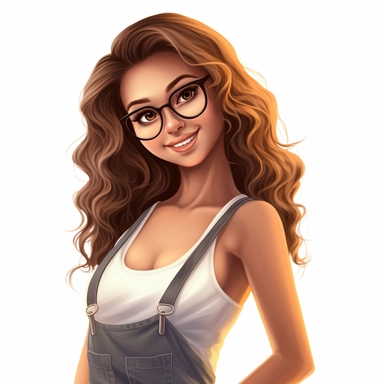 Beautiful white teenage girl with beautiful brown curly mid length hair, dressed casually. she is wearing glasses, up close portrait. A young white woman with full lips and a big beautiful smile, dressed in khaki shorts and a tank top, has long hair and beautiful shapely legs, wearing heels, clipart in the style of digital airbrushing, feminine sticker art, dollcore, realistic face, realistic body, glamorous,