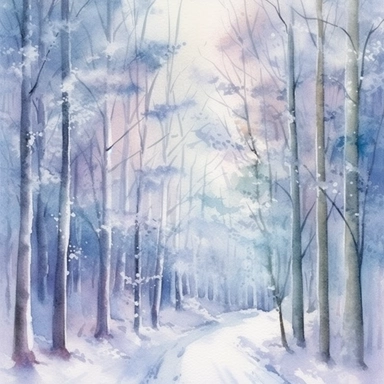 Create a watercolor painting or clipart that captures the serene beauty of a winter forest in the heart of a snowy landscape. Depict a snow-covered forest scene with tall, majestic trees adorned with delicate branches and dusted with a fresh layer of glistening snow. Let the soft, muted colors of pale blues, purples, and grays convey the tranquility and stillness of the winter season. Use subtle brushstrokes to depict the texture of the snow and the intricate patterns formed by the tree branches