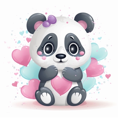baby panda with hearts clipart, vector cartoon nursery illustration, flat illustration, pastel colors, white background, very low detail, ar 2:3
