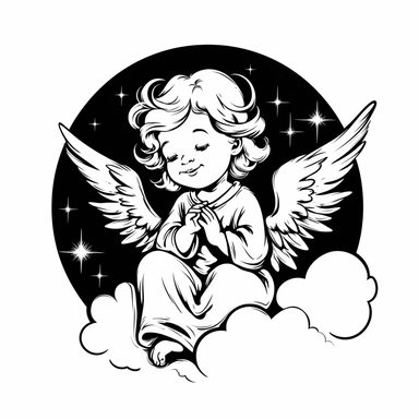 clipart black strong outline. angel infant girl with very big wings. smiling, closed eyes. head in profile. sitting on a cloud
