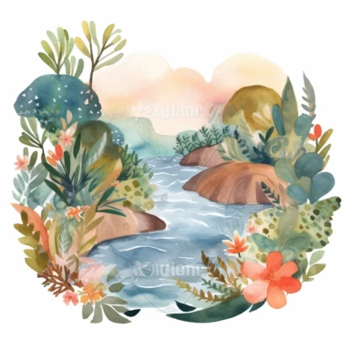 Design a watercolor jungle river clipart scene, with a winding river flowing through a lush tropical landscape filled with vibrant flowers and foliage on a white background. This adventurous design can be used to enhance various clipart elements or as a standalone decoration for exploration or nature-themed projects.