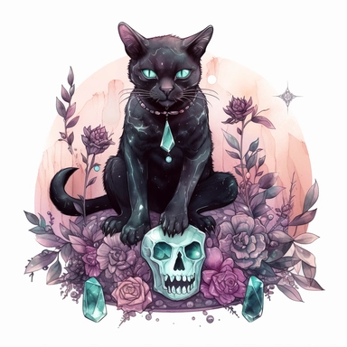 hand drawn black cat, sitting with front paw resting on a skull, flowers and crystals, shades of burgundy purple and teal, romantic and edgy, very detailed and realistic, watercolor, clipart style