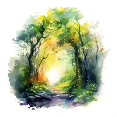 a magical forest watercolor clipart, where ancient trees tower above, their branches intertwined with magic and secrets. Sunlight filters through the lush canopy, casting ethereal rays of light onto the vibrant foliage below, 4k, complex, white background