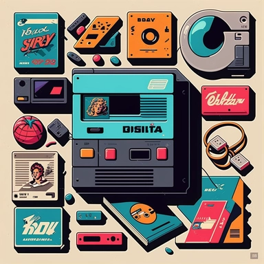 Retro-style Y2K graphics featuring iconic symbols of the 1990s, such as cassette tapes, VHS tapes, and floppy disks clipart