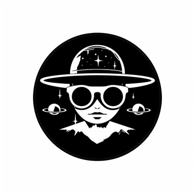 Minimal boho logo flat vector martian with sunglasses and hat, in the style of pensive portraiture, alien is humorously poorly disguised, incognito cartoony clipart-style logo black&white thick-lines simple white background