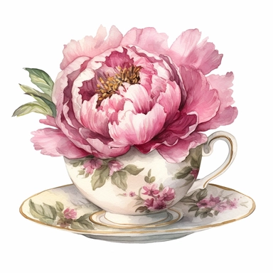 elegant watercolor 1 bright and dark pink General MacMahon peony on an elegant vintage teacup clipart, hd, on white background