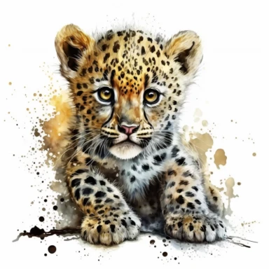 Little cute leopard, happy face, happy look, shining beautiful big eyes, bright high contrast coloring, white background, watercolor, hyperrealism, high detail, isolated elements, set, clipart