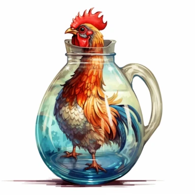 a 3d rooster living inside of a glass cider jug, water color clipart