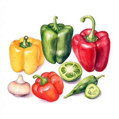 en enchanting watercolor, hyper - realistic clipart image with a white background and white margins, featuring stuffed bell peppers with quinoa, vegetables, and lean ground turkey. The ultra - detailed, hand - drawn elements capture the textures and colors of the peppers and stuffing. Use a whimsical touch to add a playful charm, and bold shades of various colors to create an appealing and visually captivating image